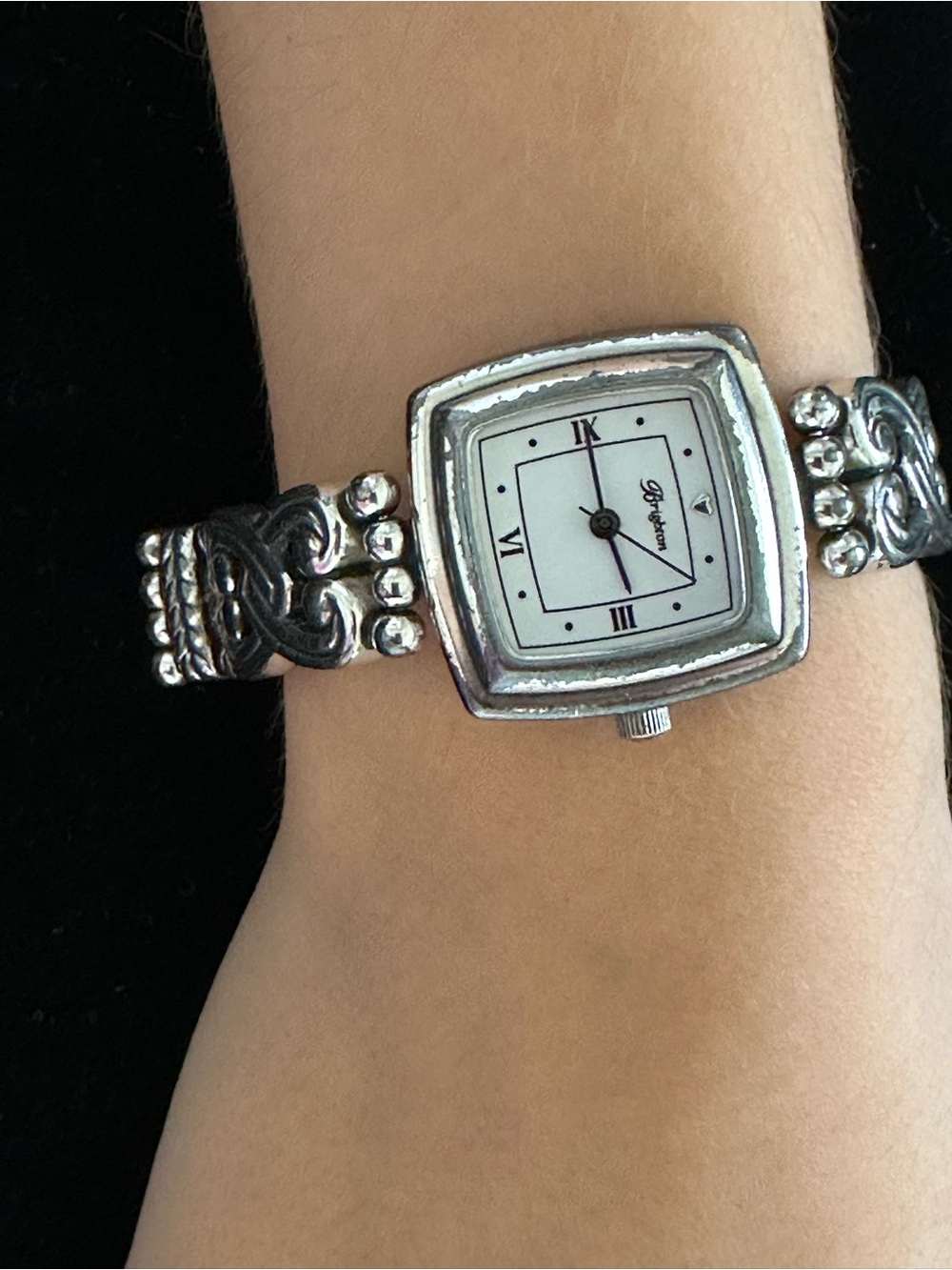 Brighton Silver-Tone Ornate Bracelet Watch with White Dial